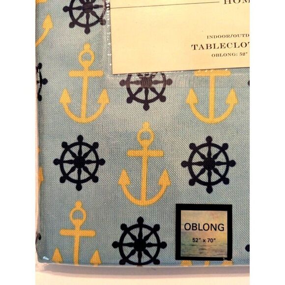 Max Studio Nautical Anchor Ship Wheel on Blue Tablecloth 52 x 70 inch Polyester - Picture 3 of 5